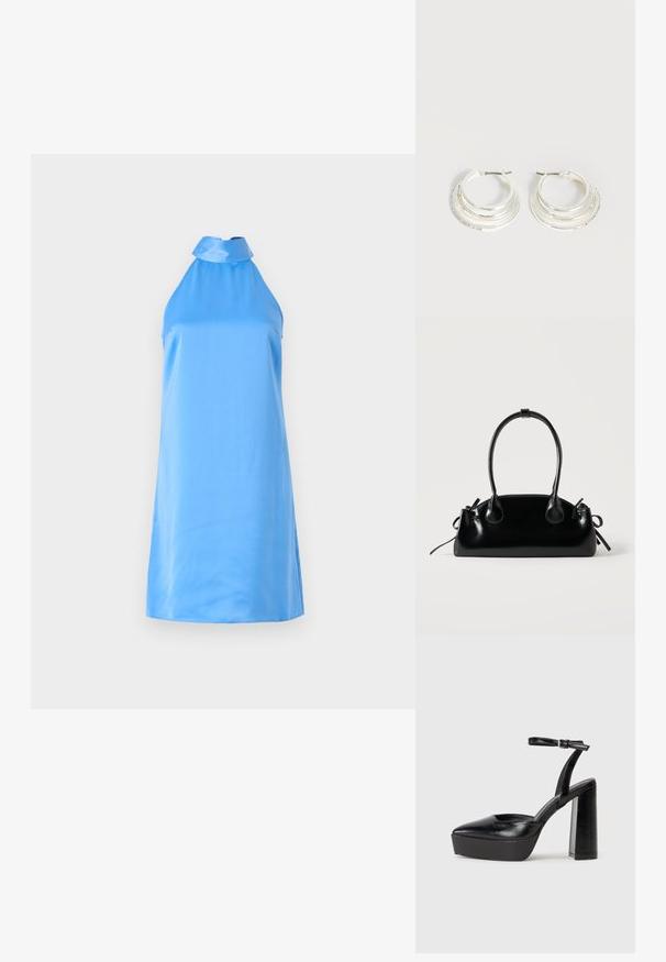 Une robe halter sans manches, bleu clair, en tissu doux, avec un col montant et des fentes sur les côtés pour faciliter les mouvements.; Escarpins noirs à plateforme avec un bout pointu et une sangle réglable à la cheville. Conçus en cuir lisse, avec un large talon bloc.; Petit sac à main noir brillant avec deux longues anses et des détails à cordon sur les côtés sur un fond clair uni.; Boucles d'oreilles créoles en argent avec trois bandes semi-circulaires superposées, dont une ornée de petits cristaux clairs sur un fond clair.