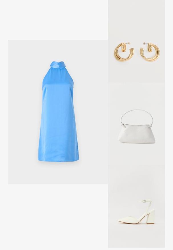 Une robe halter sans manches, bleu clair, en tissu doux, avec un col montant et des fentes sur les côtés pour faciliter les mouvements.; Sandale blanche à talon avec un bout pointu, sangle de cheville réglable et un talon carré épais. Texture lisse avec des détails de couture minimaux.; Sac à main en cuir tressé blanc avec poignée arrondie et extrémités de lanière nouées, présenté sur un fond uni.; Paire de boucles d'oreilles créoles doubles en or brillant avec attaches à tige sur fond blanc.