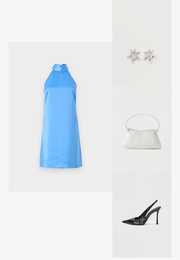 Une robe halter sans manches, bleu clair, en tissu doux, avec un col montant et des fentes sur les côtés pour faciliter les mouvements.; Pompe à talon aiguille en cuir noir, avec un bout pointu, un texture froncé à l'avant et un haut talon stiletto.; Sac à main en cuir tressé blanc avec poignée arrondie et extrémités de lanière nouées, présenté sur un fond uni.; Boucles d’oreilles créoles en forme d’étoile argentée avec une finition lisse et polie sur un fond blanc uni.
