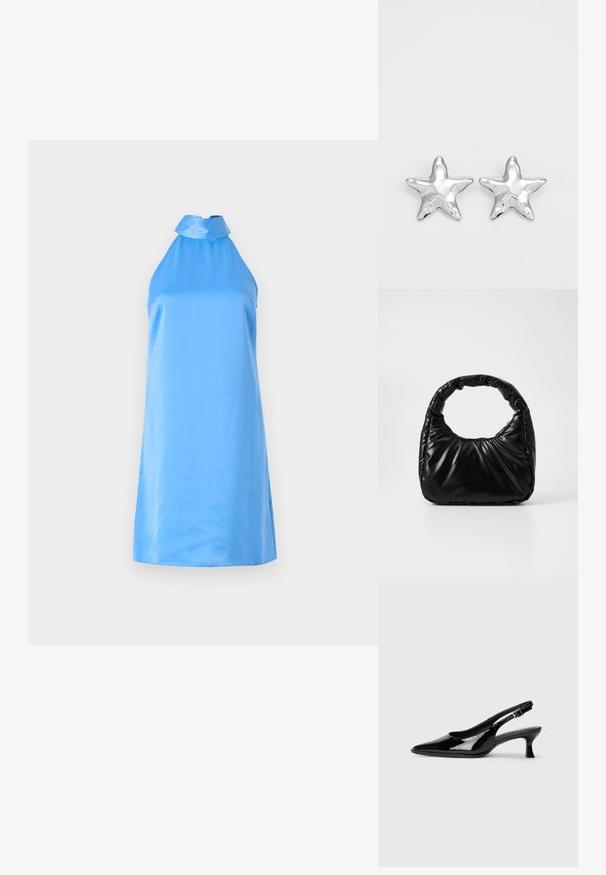 Une robe halter sans manches, bleu clair, en tissu doux, avec un col montant et des fentes sur les côtés pour faciliter les mouvements.; Escarpins en cuir verni noir avec un bout pointu et un petit talon carré. Sangle réglable à la cheville avec boucle.; Sac à main noir rembourré avec une poignée arrondie, présentant une surface lisse et brillante ainsi qu'une texture douce et matelassée. Pas de quincaillerie ou d'accents visibles.; Boucles d'oreilles argentées en forme d'étoile, avec une surface lisse et brillante. Chaque boucle d'oreille possède cinq pointes et des détails subtils de texture de surface.