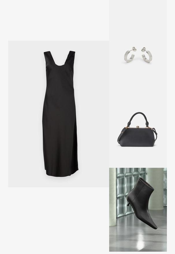 Vestido negro sin mangas con un escote en V pronunciado, hecho de una tela suave. Presenta una silueta ajustada y llega hasta la rodilla sin patrones.; Bota de cuero negro para el tobillo con puntera puntiaguda y tacón pequeño, exhibida frente a una pared de bloques de vidrio y un suelo pulido.; Bolso de cuero negro con parte superior redondeada, mango corto y correa desmontable. Presenta un cierre metálico y una textura suave.; Pendientes aros de metal plateado con un diseño texturizado, que cuentan con un pequeño respaldo de clip y una marca en uno de los aros. Forma redondeada con un acabado pulido.
