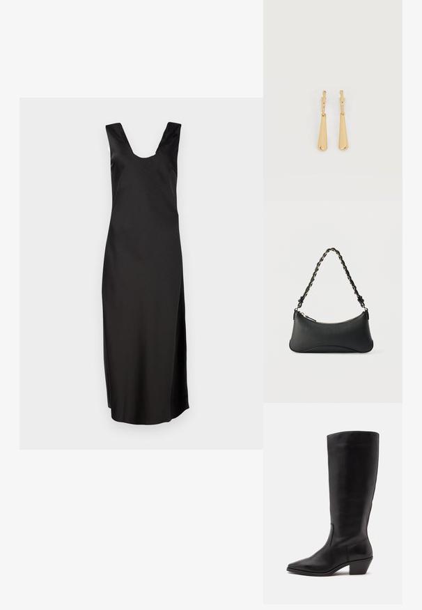 Vestido negro sin mangas con un escote en V pronunciado, hecho de una tela suave. Presenta una silueta ajustada y llega hasta la rodilla sin patrones.; Bota de cuero negra hasta la mitad de la pantorrilla con puntera puntiaguda y tacón bajo inclinado sobre un fondo claro y liso.; Bolso de hombro de cuero negro con forma rectangular curvada, cadena dorada entrelazada en una correa negra trenzada y cierre superior con cremallera.; Pendientes colgantes en tono dorado con colgantes alargados y suaves en forma de lágrima, colgando de cierres de aros pequeños sobre un fondo blanco.