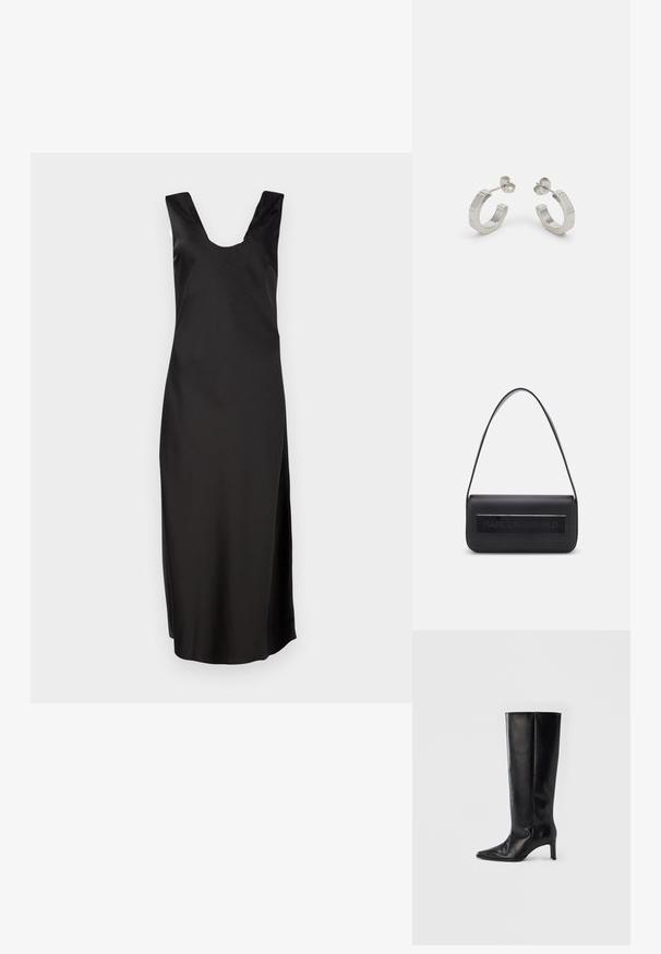 Schwarzes ärmelloses Kleid mit tiefem V-Ausschnitt, aus glattem Stoff. Es hat eine figurbetonte Silhouette und reicht bis zum Knie, ohne Muster.; Schwarze kniehohe Stiefel aus glattem Leder, mit spitzer Zehenpartie und schlankem Absatz, ausgestattet mit einem anliegenden Schaft und minimalistischem Design.; Schwarze Ledertasche mit einem einzigen Schulterriemen, rechteckiger Form, ausgestattet mit einem strukturierten Feld mit dem prägten "KARL LAGERFELD" Logo auf der Vorderseite.; Silberne Metall-Hoops mit strukturiertem Design, ausgestattet mit einem kleinen Steckverschluss und Branding an einem Hoop. Abgerundete Form mit glänzender Oberfläche.