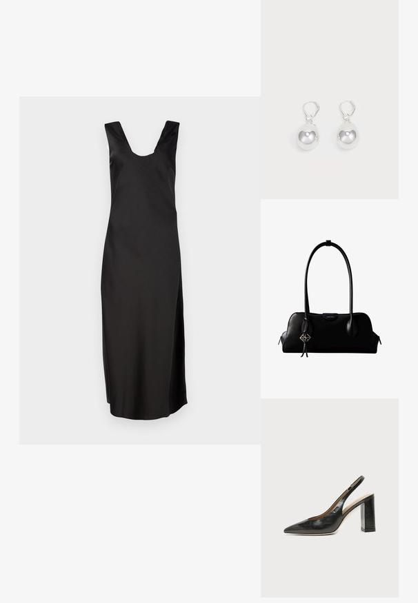 Sort ærmeløs kjole med dyb V-hals, lavet af glat stof. Har en tætsiddende silhuet og falder til knæ længde uden mønstre.; Sort læder peep-toe slingback sko med høj blokhæl og beige indvendig foring mod en ensfarvet lys baggrund.; Sort lædertaske fra Calvin Klein med lange håndtag, en forside-logo-tag og en sølv geometrisk vedhæng, der hænger fra det ene håndtag.; Sølv dråbeøreringe med glatte, runde, reflekterende overflader hængende fra svingelukkede låse. Baggrunden er helt hvid.