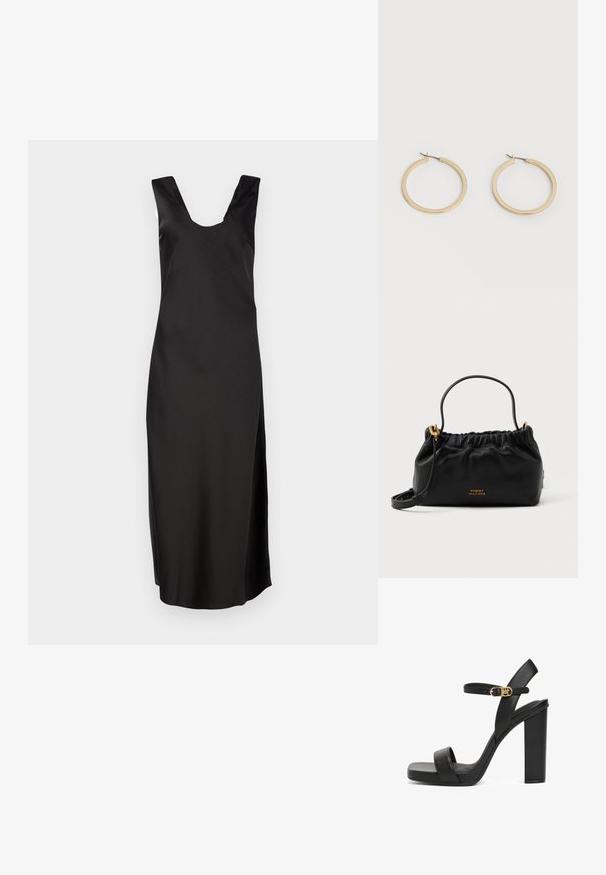 Vestido negro sin mangas con un escote en V pronunciado, hecho de una tela suave. Presenta una silueta ajustada y llega hasta la rodilla sin patrones.; Sandalía negra de tacón alto hecha de cuero suave, con una amplia correa frontal, correa en el tobillo con hebilla dorada y un tacón cuadrado grueso.; Bolso de piel negra con parte superior fruncida, una asa corta y una correa de hombro removible. Presenta un acento de logo dorado y una textura suave.; Par de pendientes de aro de tamaño mediano con tono dorado y cierre de bisagra sobre un fondo claro y liso.
