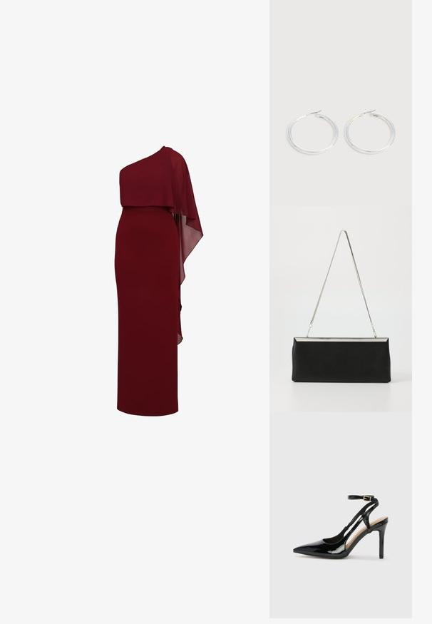Robe longue rouge foncé sans manches avec une cape asymétrique drapée sur une épaule, créant un effet superposé.; Escarpin en cuir verni noir à talon haut, avec un bout pointu, une bride réglable à la cheville et des côtés ouverts. Texture lisse.; Pochette en cuir noir avec une poignée en chaîne métallique argentée et une forme rectangulaire élégante. Texture mate et design minimaliste avec un accent métallique.; Paire de boucles d'oreilles créoles argentées brillantes avec fermoirs en fil fin, présentée sur un fond gris clair.