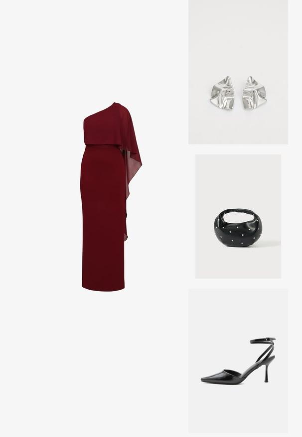 Μαν sleeveless βραδινό φόρεμα σε σκούρο κόκκινο χρώμα, μακρύ μέχρι το πάτωμα, με ασύμμετρη κάπα που drapes πάνω σε έναν ώμο, δημιουργώντας ένα στρωματικό εφέ.; Μαύρη γόβα μυτερή με λεπτά λουράκια στον αστράγαλο και ασημένια πόρπη σε απλό ανοιχτό φόντο.; Μαύρη δερμάτινη τσάντα χειρός με στρογγυλεμένο σχήμα, διακοσμημένη με ασημένιες λεπτομέρειες με καρφιά και κοντή λαβή. Λείο υλικό και κλείσιμο με φερμουάρ.; Ασημένια σκουλαρίκια με κυματιστό, γλυπτικό σχέδιο που διαθέτουν γυαλιστερή φινίρισμα και ακανόνιστα σχήματα, αναδεικνύοντας μια σύγχρονη αισθητική.