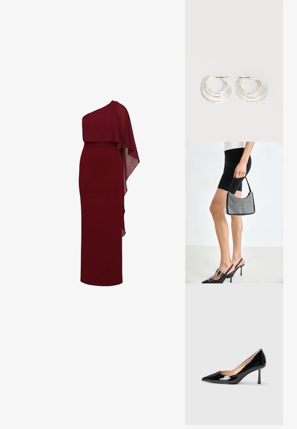 Robe longue rouge foncé sans manches avec une cape asymétrique drapée sur une épaule, créant un effet superposé.; Chaussure à talon aigu noir en cuir verni avec un bout pointu et un talon stiletto mince de hauteur intermédiaire sur fond blanc.; Sac à main à perles noires avec une silhouette courbée, une poignée de transport et une texture brillante. Porté avec des chaussures à talons hauts noires et un short noir ajusté.; Boucles d'oreilles créoles en argent avec trois bandes semi-circulaires superposées, dont une ornée de petits cristaux clairs sur un fond clair.