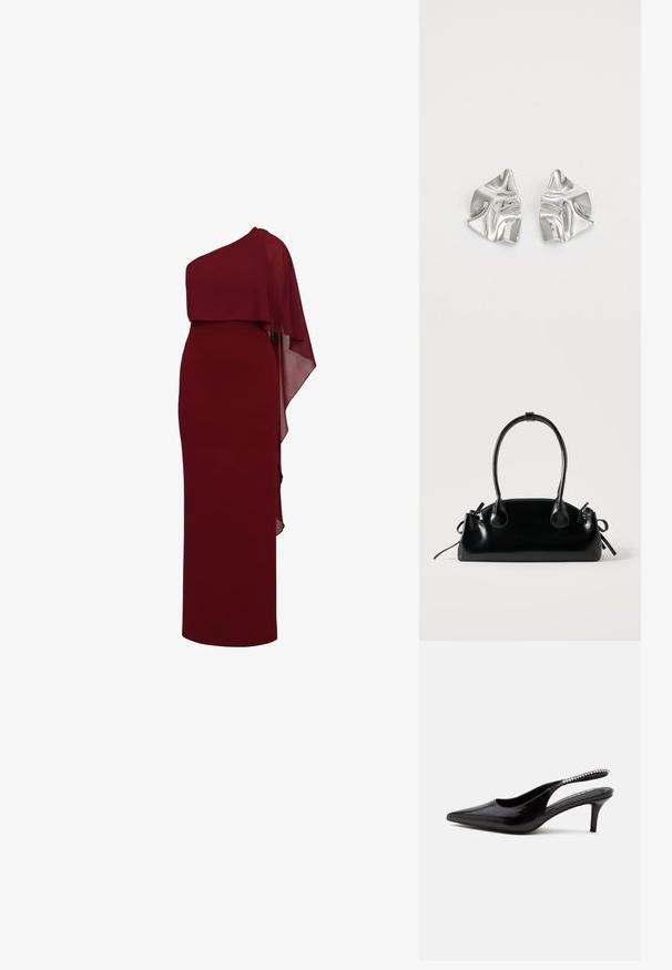 Robe longue rouge foncé sans manches avec une cape asymétrique drapée sur une épaule, créant un effet superposé.; Chaussure noire à talon kitten avec bout pointu et bride arrière, ornée d'une rangée de petits strass transparents sur la bride, sur fond blanc.; Petit sac à main noir brillant avec deux longues anses et des détails à cordon sur les côtés sur un fond clair uni.; Boucles d'oreilles en métal argenté avec un design ondulé et sculptural, présentant une finition polie et des formes irrégulières, mettant en valeur une esthétique contemporaine.