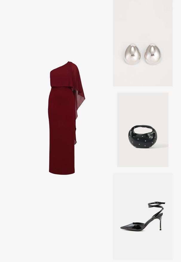 Μαν sleeveless βραδινό φόρεμα σε σκούρο κόκκινο χρώμα, μακρύ μέχρι το πάτωμα, με ασύμμετρη κάπα που drapes πάνω σε έναν ώμο, δημιουργώντας ένα στρωματικό εφέ.; Μαύρο γυαλιστερό δερμάτινο γοβάκι με μυτερή μύτη, λεπτά λουράκια στον αστράγαλο και μικρή αγκράφα.; Μαύρη δερμάτινη τσάντα χειρός με στρογγυλεμένο σχήμα, διακοσμημένη με ασημένιες λεπτομέρειες με καρφιά και κοντή λαβή. Λείο υλικό και κλείσιμο με φερμουάρ.; Ασημένια μεταλλικά σκουλαρίκια αυτιών με απλή, στρογγυλή σχεδίαση που μοιάζει με σταγόνα, διαθέτοντας μια ανακλαστική επιφάνεια και αδιάσπαστη φινίρισμα.