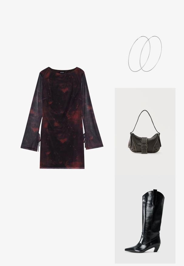 Even&Odd by Zalando Robe de jour - black/red; Bottes en cuir noir montantes jusqu'au genou, avec une pointe effilée, un talon bas, et des détails de couture décoratifs sur les côtés. Fini lisse et brillant.; Sac à épaule en cuir noir avec une sangle à boucle, des bords arrondis et des coutures blanches contrastées sur un fond uni.; Boucles d'oreilles en argent au design minimaliste. Forme circulaire, texture lisse et profil fin. Légères avec une finition polie.