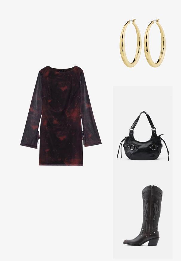 Even&Odd by Zalando Robe de jour - black/red; Bottes de cowboy en cuir marron avec surpiqûres en forme de flammes, fermeture éclair latérale, clous argentés, bout pointu et talon superposé.; Sac à main en cuir noir de forme arrondie, avec deux boucles sur les côtés, texture lisse et une courte bandoulière. Détails supplémentaires avec des pompons latéraux.; Boucles d'oreilles en or en forme de cerceau, avec une finition lisse et polie. Forme circulaire, dotées d'un fermoir sécurisé sur le dessus. La surface reflète la lumière.