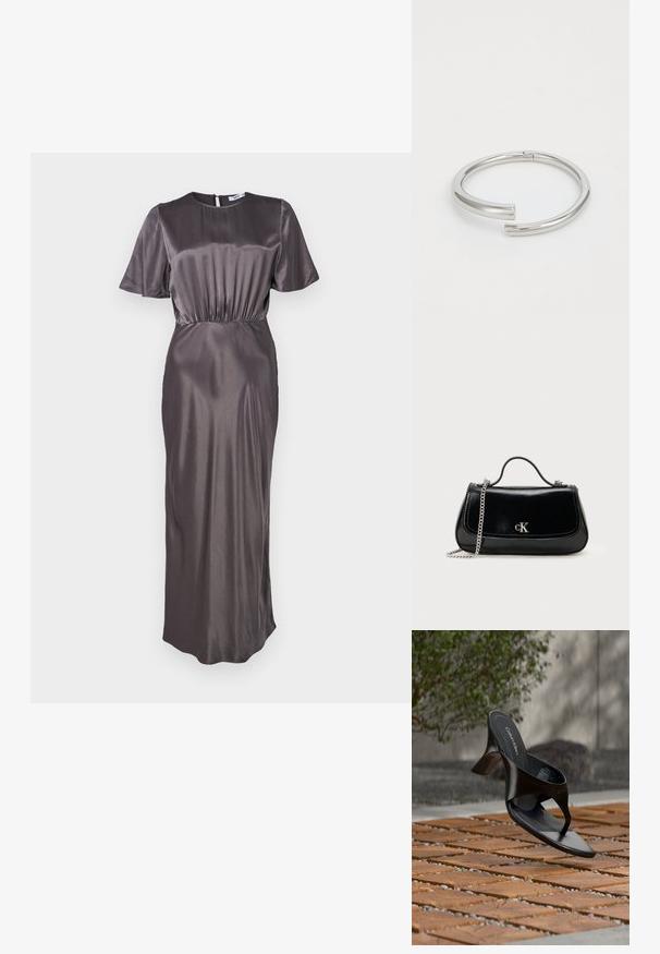 Robe en satin gris foncé, longue, avec un col rond, des manches courtes et une taille élastique, dotée d'une fermeture éclair au dos et d'une texture lisse.; Sandale à talon noire Calvin Klein en forme de tongs flottant au-dessus d'une surface extérieure carrelée avec de la verdure et un mur en béton en arrière-plan.; Sac à main en cuir noir avec une chaîne en bandoulière, forme structurée et accent logo argenté. Texture lisse avec un rabat.; Calvin Klein SPIRAL - Bracelet - silver-coloured