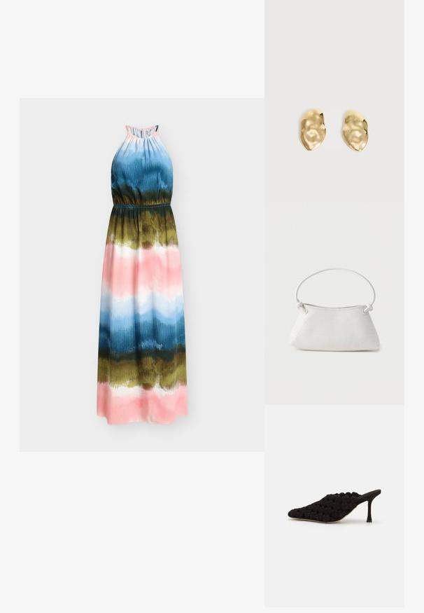 Hihaton maksi-mekko, jossa vesivärikuvio sinisen, vihreän, pinkin ja valkoisen sävyissä. Mekossa on joustovyötärö ja sileä kangaspinta.; A.W.A.K.E. MODE REGINA WEAVED MULE - Korolliset pistokkaat - black; Valkoinen kudottu nahkalaukku pyöreällä kahvalla ja solmukoristeisilla hihnoilla, esillä yksinkertaista taustaa vasten.; Pari kiiltäviä, epäsäännöllisen muotoisia kultaisia metallikorvakoruja, joissa on ryppyinen, sileä pinta yksinkertaisella vaalealla taustalla.