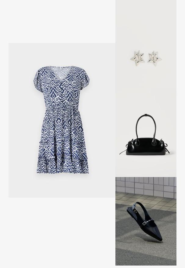 Blå og hvid mønstret kjole med V-udskæring, korte puffede ærmer, elastisk talje og en lagdelt flæse-kant. Fremstillet af letvægtsstof.; Sort flad slingback med spids tå og dobbelte spænder, hvilende på grå asfalt nær flisevæg.; Lille sort blank håndtaske med to lange håndtag og snøre-detaljer i siden på en ensfarvet lys baggrund.; Sølv stjerneformede øreringe med en glat, poleret finish på en ensfarvet hvid baggrund.