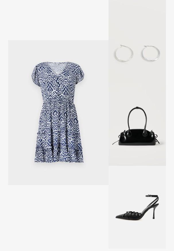 Blauwe en witte jurk met patroon, voorzien van een V-hals, korte puffmouwen, een elastische taille en een tiered gerimpelde zoom. Gemaakt van lichtgewicht stof.; Zwarte pumps met hoge hak en spitse neus, gegolfde randen, metalen oogjes, vetergespsluiting aan de voorzijde en enkelriem met gespsluiting.; Kleine zwarte glanzende handtas met twee lange hengsels en zijkant trekkoord details op een effen lichte achtergrond.; Zilverkleurige metalen creolen oorbellen met een glad, licht gebogen oppervlak en sluitingen met haaksluiting op een effen witte achtergrond.