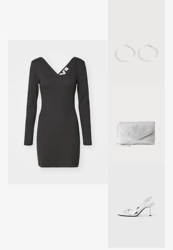 Langærmet, sort ribbet kjole med dyb V-udskæring og tætsiddende silhuet. Stoffet virker strækbart med en glat overflade.; Sølv slingback-høje hæle med spids tå, blank finish og et rektangulært pynt foran, med en slank hæl og justerbar rem.; Sølv mesh aftenclutch med konvolutklap og tynd kæderem på ens hvid baggrund.; Par skinnende sølvøreringe med tynde trådlåse, vist på en lys grå baggrund.