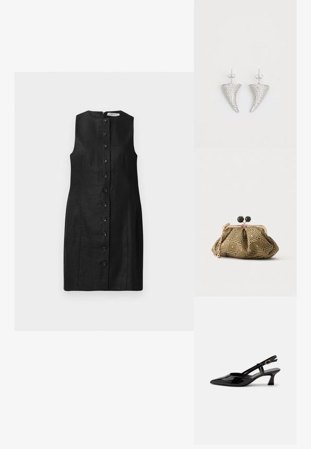 Schwarzes ärmelloses Kleid aus Leinen, mit geradem Schnitt, rundem Ausschnitt und sechs vorderen Knöpfen mit glatter Textur.; Schwarzer Slingback-Pumps aus Lackleder mit spitzer Spitze und verstellbarem goldfarbenem Riemen auf weißem Hintergrund.; Kleine Clutch mit goldenem und schwarzem geometrischem Muster, goldfarbenem Metallrahmen, schwarzem Kugelverschluss und kurzem goldfarbenem Kettenriemen.; Silberne, hornförmige Ohrringe, besetzt mit kleinen klaren Steinen, mit einem Steckverschluss zur Befestigung. Glatte Textur und metallisches Finish.