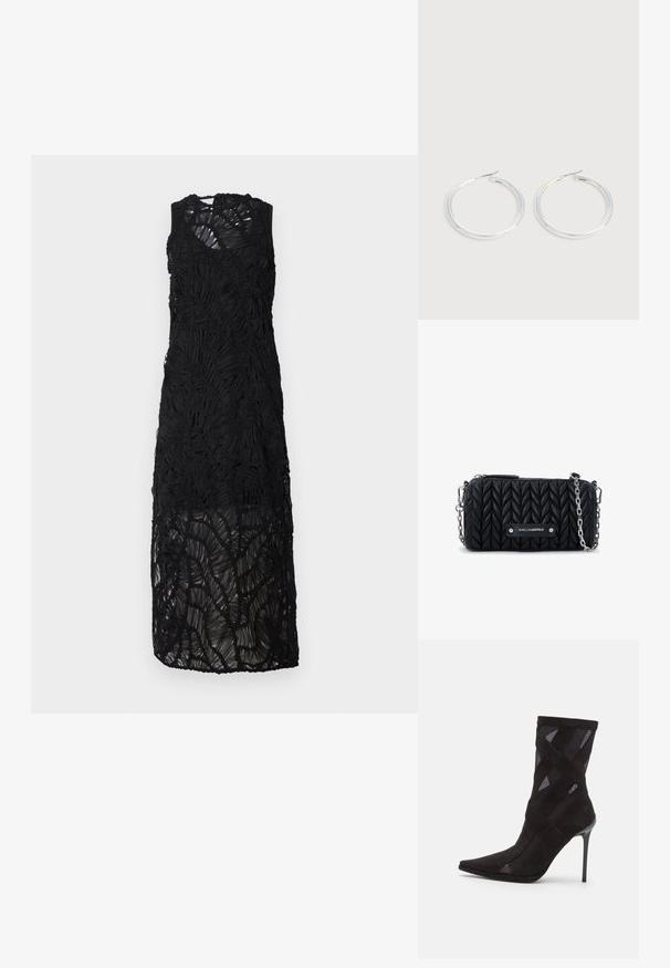 Sort, ærmeløs kjole med et tekstureret, lagdelt design. Har gennemsigtigt stof med flæse-detaljer og en knælængde.; Jeffrey Campbell STRIPES - Støvletter - black; Sort quiltet læderclutch med sølvkæde og sølvplade med "Karl Lagerfeld"-mærke foran.; Par skinnende sølvøreringe med tynde trådlåse, vist på en lys grå baggrund.