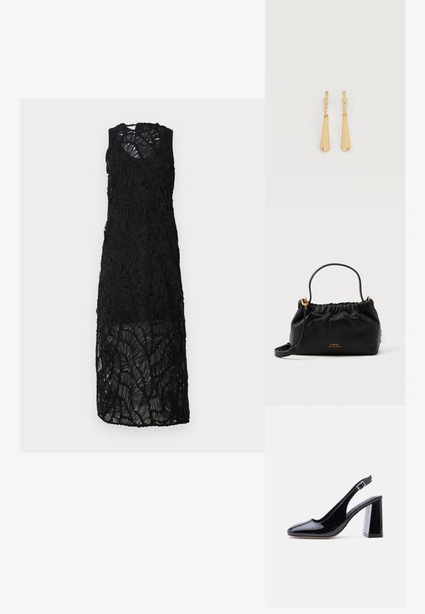 Sort, ærmeløs kjole med et tekstureret, lagdelt design. Har gennemsigtigt stof med flæse-detaljer og en knælængde.; Sort laklæder slingback-sko med rundet tå, justerbar rem med spænde og kraftig blokhæl på hvid baggrund.; Sort lædertaske med samlet top, en kort hank og en aftagelig skulderrem. Funktionen inkluderer guldlogo accenter og en glat tekstur.; Øreringe i guldfarvet metal med glatte, aflangt dråbeformede vedhæng, der hænger fra små creol-låse på en hvid baggrund.