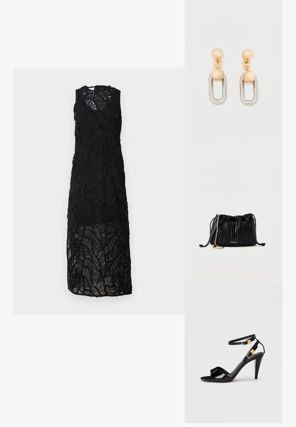 Robe noire sans manches avec un design texturé et en couches. Comprend un tissu transparent avec des accents froncés et une longueur de jupe au niveau des genoux.; Sandale à talon haut en cuir verni noir avec double bride de cheville et boucles dorées, bout ouvert, et talon effilé sur fond neutre.; Sac à main en cuir noir plissé avec cordon de serrage, bandoulière chaîne dorée et petit accent horizontal doré sur le devant.; Boucles d'oreilles en or et argent avec un dessus sphérique et un élément pendant ovale allongé à finition brillante.