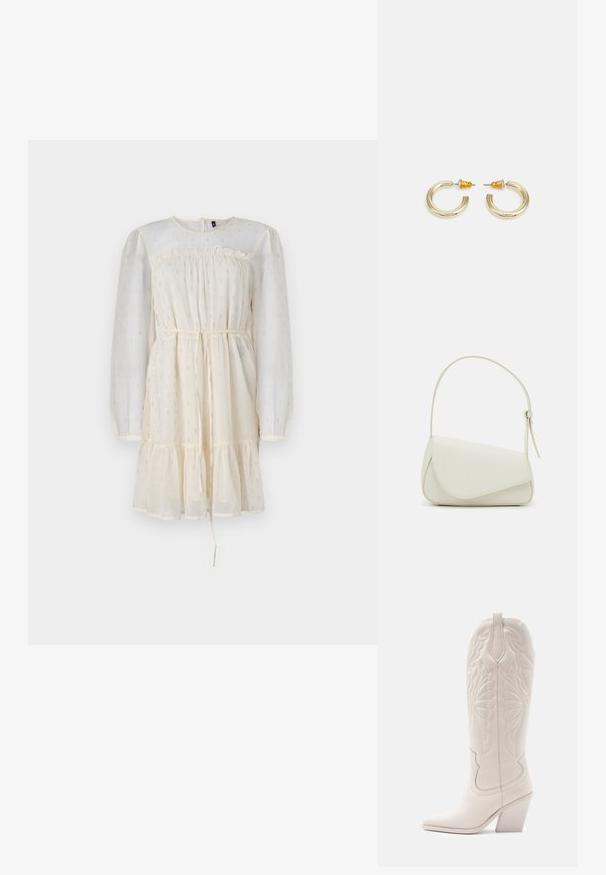 Robes crème avec de longues manches bouffantes en voile, un corsage froncé et une jupe à niveaux. Présente des accents subtils en argent et une taille à cordon.; Bottine de cowboy en cuir blanc avec un bout pointu et un talon bloc. Présente des motifs de broderie complexes sur la tige et une texture lisse.; Sac à main en cuir synthétique blanc avec une forme triangulaire structurée, une bandoulière unique réglable et un rabat à courbes accentuées.; Boucles d'oreilles en métal doré en forme d'anneau, avec une finition lisse et arrondie. Elles possèdent des accents orange à l'arrière pour un maintien sécurisé.