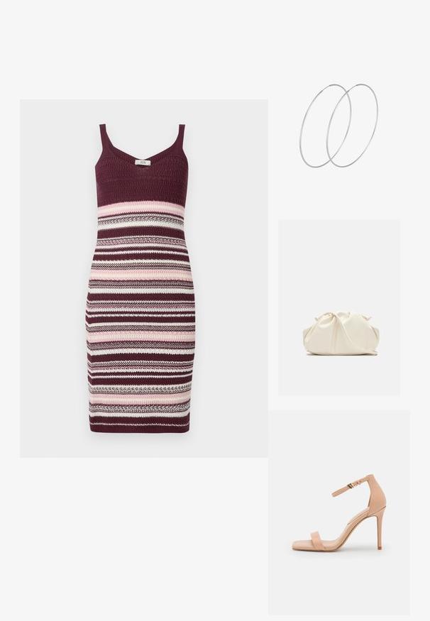 Strickkleid mit figurbetontem Schnitt, Spaghettiträgern und einem gestreiften Muster in Burgunderrot, Pink und Creme. Die Textur ist glatt und dehnbar.; Nude High Heel Sandale mit quadratischer Zehenpartie, ausgestattet mit einem einzelnen Zehenriemen und einem Knöchelriemen, der mit einer goldenen Schnalle gesichert ist. Glatte Lederoberfläche.; Weiche, cremefarbene Leder-Clutch mit gerafftem Design und einem dünnen Schulterriemen, der vorne auf einem schlichten Hintergrund liegt.; Silberne Creolen mit minimalistischem Design. Rundform, glatte Oberfläche und dünnes Profil. Leichtgewichtig mit hochglänzender Oberfläche.
