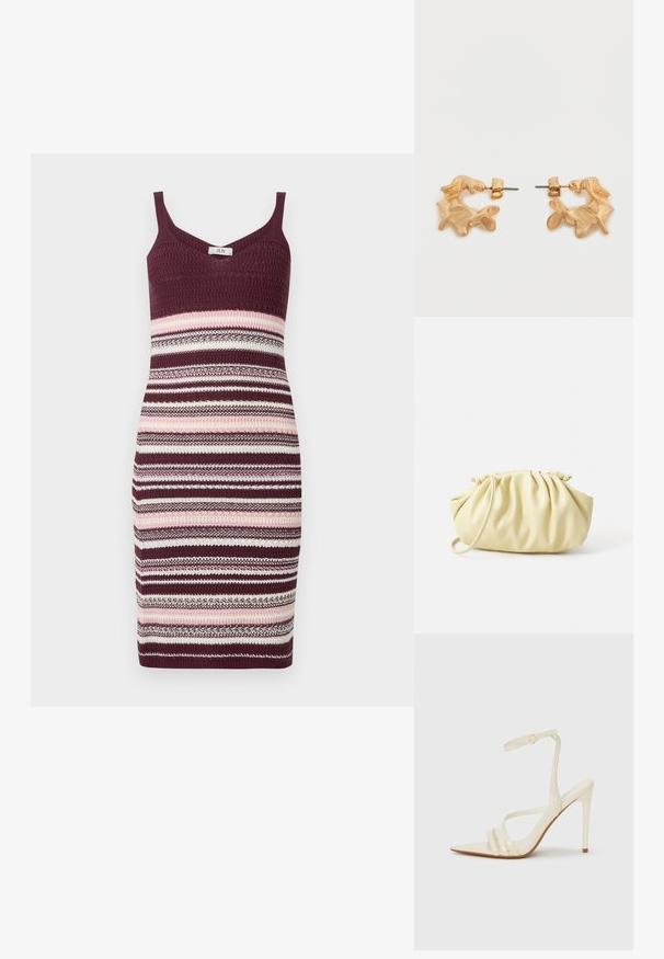 Strickkleid mit figurbetontem Schnitt, Spaghettiträgern und einem gestreiften Muster in Burgunderrot, Pink und Creme. Die Textur ist glatt und dehnbar.; Beige Sandaletten mit hohem Absatz und spitzer Schuhspitze, ausgestattet mit drei vorderen Riemen und einem dünnen Knöchelriemen mit Schnalle. Glatte Textur, minimalistisches Design.; Gelbe, gefaltete Handtasche aus glattem Kunstleder mit weicher Form, einzigem Schulterriemen und gerafftem Oberteil.; Ohrstecker in Goldoptik mit abstrakter, organischer Form, die eine strukturierte Oberfläche und einen Steckverschluss aufweisen.