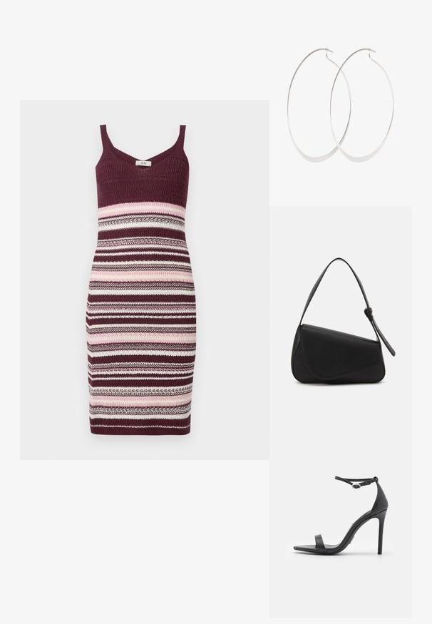 Strickkleid mit figurbetontem Schnitt, Spaghettiträgern und einem gestreiften Muster in Burgunderrot, Pink und Creme. Die Textur ist glatt und dehnbar.; Schwarze High Heels Sandalen mit offener Zehe, dünnen Riemen und Knöchelverschluss. Glatte Ledertextur mit spitzem Zehendesign.; Schwarze Lederhandtasche mit dreieckiger Form, schrägem Klappdeckel und rundem Oberhandgriff. Verfügt über eine glatte Textur und minimalistische Designdetails.; Silberne Creolen mit einem dünnen, glatten Design; länglich-ovale Form; polierte Oberfläche; ausgestattet mit einem sicheren Hakenverschluss.