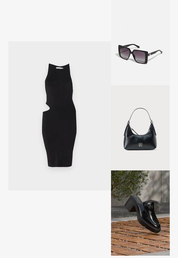 Čierne rebrované pletené šaty s vysokým golierom a asymetrickým výrezom na ľavej strane, prispôsobený strih, dĺžka po kolená.; Čierne kožené šľapky Calvin Klein s blokovým podpätkom, ktoré oddychujú na drevených dlaždiciach vonku blízko zelenej rastliny a šedej steny.; Čierne slnečné okuliare v štvorcovom tvare so sivými gradientovými šošovkami. Lesklé rámy s čistými líniami. Strieborný logotyp ako akcent na nožičkách.; Čierna kožená kabelka cez rameno s jedným uchom, zipsovým uzáverom a malým štvorcovým strieborným logom vpredu.