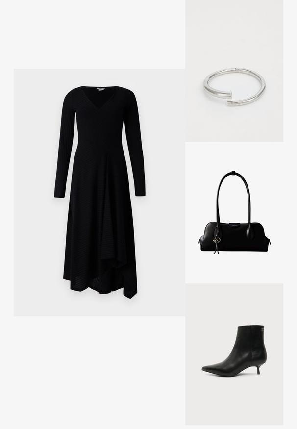 Schwarzes Langarmkleid mit V-Ausschnitt, mit gerippter Textur, asymmetrischem Saum und einem enganliegenden Oberteil, das in einen ausgestellten Rock übergeht.; Schwarzer Leder-Knöchel-Stiefel mit spitzer Spitze und niedrigem Kittenabsatz vor hellem Hintergrund, seitliche Ansicht.; Schwarze Lederhandtasche von Calvin Klein mit langen Henkeln, einem vorderen Logo-Tag und einem silbernen geometrischen Anhänger, der an einem Henkel hängt.; Calvin Klein SPIRAL - Armband - silver-coloured