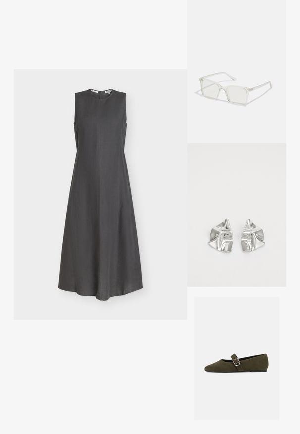 Robe midi sans manches gris foncé avec un col rond haut et des détails discrets de coutures sur le devant et les côtés, fermeture éclair au dos.; Chaussure plate Mary Jane en daim vert olive avec bride à boucle argentée et bout arrondi, présentée sur fond blanc.; Lunettes carrées en plastique transparent avec des verres translucides, dotées d'accents dorés sur les branches pour plus de détails.; Boucles d'oreilles en métal argenté avec un design ondulé et sculptural, présentant une finition polie et des formes irrégulières, mettant en valeur une esthétique contemporaine.