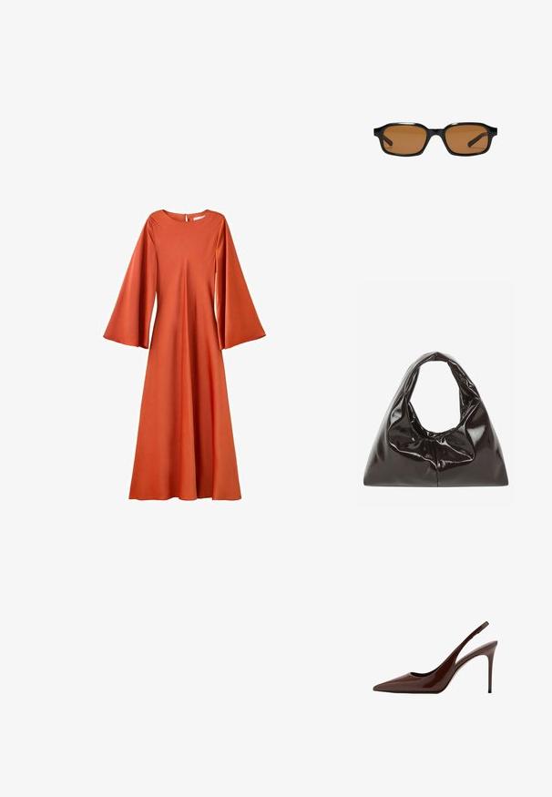 Robe longue orange rouille avec manches évasées en cloche, taille cintrée et col rond avec fermeture par bouton au dos.; Escarpin marron en cuir verni à bout pointu avec talon haut stiletto fin et bride arrière ouverte sur fond blanc.; Lunettes de soleil rectangulaires noires avec des montures épaisses et des verres teintés marron, vues de face sur un fond blanc.; Sac à main en cuir verni noir brillant avec une forme triangulaire et une large anse froncée s'ouvrant au centre en haut.