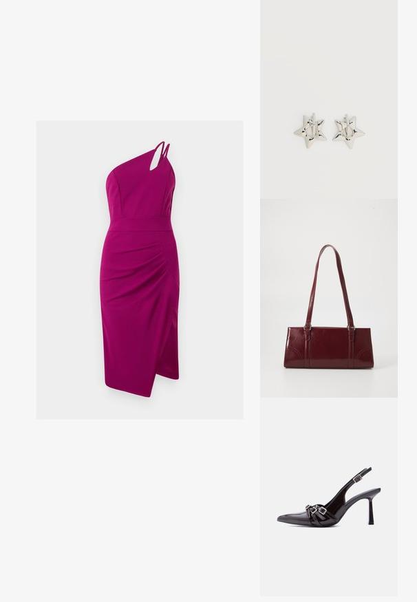 Fuksia ühere õlaga kleit, millel on lõigatud detail, vormitud rinnaosa, pleatid külgedel ja põlvekõrgune seelik, valmistatud siledast kangast.; Mustast lakknahast slingback kõrge kontsaga king terava nina ja kolme kaunistava pandlaga rihmaga üle pealse.; Burgundia värvi käekott, mis on valmistatud läikivast materjalist, ristküliku kujuline, kahe õlapaelaga ning ees on peened kaarjad aktsendid.; Hõbedast tähekujulised rõngaskõrvarõngad, millel on sile ja poleeritud viimistlus, tavalise valge taustaga.