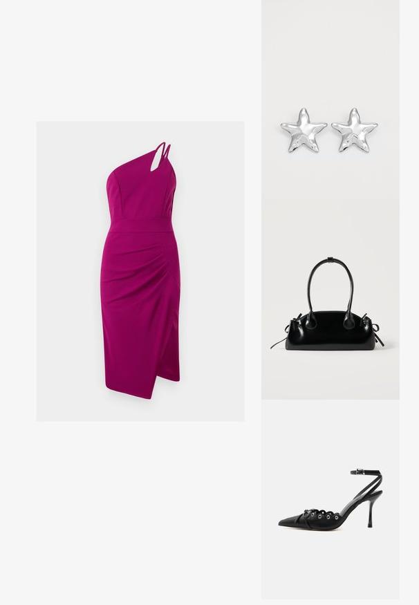 Vestido fucsia de un solo hombro con detalle recortado, corsé ajustado, lado fruncido y falda hasta la rodilla, hecho de tejido suave.; Zapato de tacón alto negro con punta fina, bordes ondulados, ojales metálicos, cordones delanteros y una correa en el tobillo con cierre de hebilla.; Pequeño bolso negro brillante con dos asas largas y detalles de cordón lateral sobre un fondo claro liso.; Pendientes en forma de estrella plateada con una superficie pulida y brillante. Cada pendiente presenta cinco puntas y sutiles detalles de textura en la superficie.