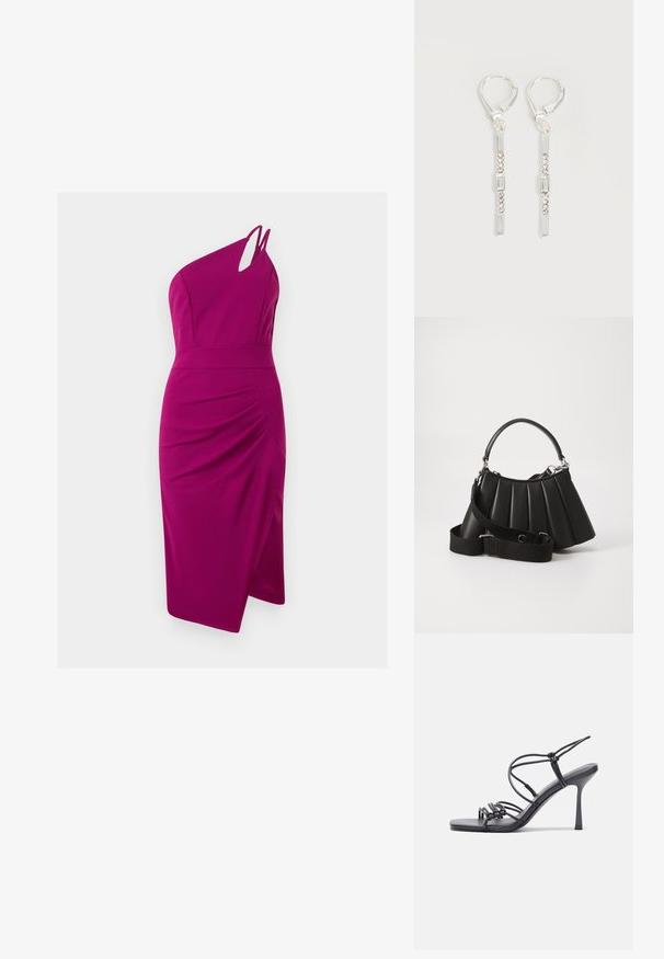 Vestido fucsia de un solo hombro con detalle recortado, corsé ajustado, lado fruncido y falda hasta la rodilla, hecho de tejido suave.; Las sandalias negras de tacón alto presentan finas correas con un diseño anudado, una punta cuadrada suave y un elegante tacón de aguja.; Bolso de mano negro con pliegues, manejo redondeado, correa ajustable y textura brillante. Presenta herrajes plateados y una silueta estructurada.; Pendientes colgantes de plata con cristales transparentes rectangulares y redondos en una línea vertical, asegurados con cierres tipo leverback.