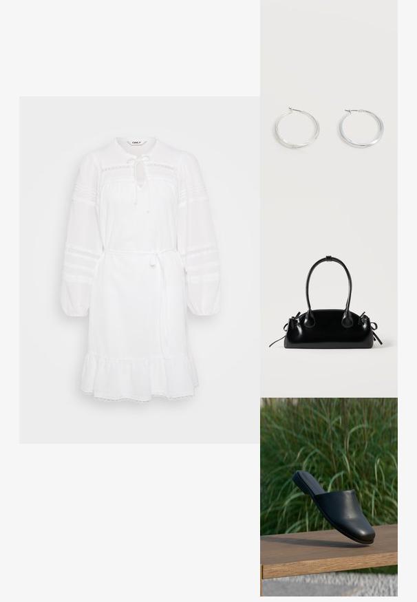 Hvid kjole med lange puffærmer, snøre ved halsen og volangkant. Har blondeaccenter og en tætsiddende talje for justerbar styling.; Sort læder slip-on mule sko, der svæver over en træ bænk med højt grønt græs i baggrunden.; Lille sort blank håndtaske med to lange håndtag og snøre-detaljer i siden på en ensfarvet lys baggrund.; Sølvfarvede metaloorringe med glat, let buet overflade og låsemekanisme på en ensfarvet hvid baggrund.