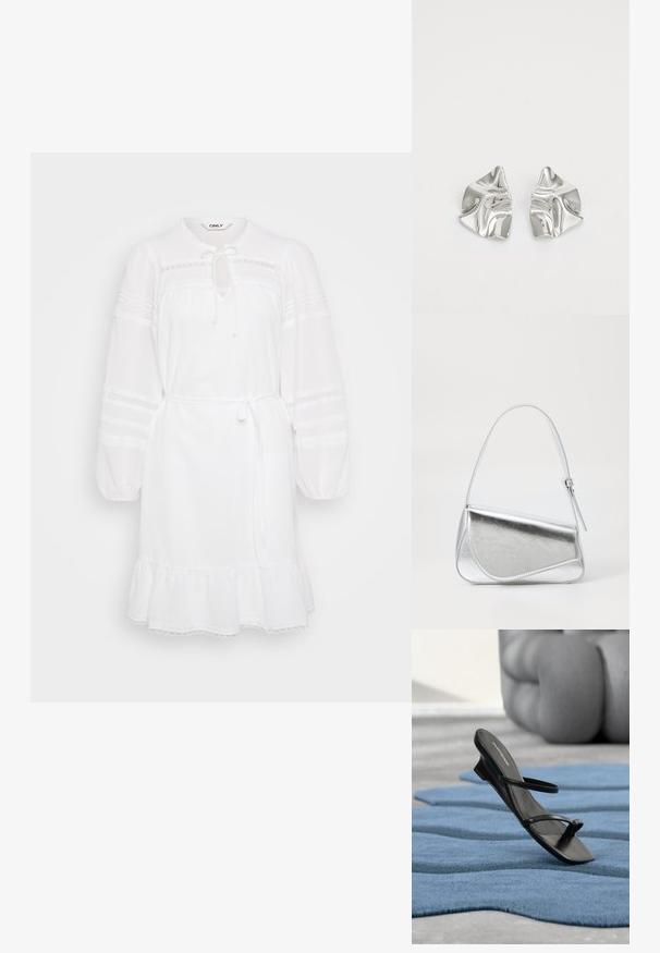 Witte jurk met lange, pofmouwen, trekkoord hals en gerimpelde zoom. Heeft kanten accenten en een getailleerde taille voor verstelbare styling.; Zwarte sandalen met bandjes en teenlus, gepresenteerd op een blauw gestructureerd tapijt, met een groot grijs decoratief object wazig op de achtergrond.; Zilveren metalen handtas met een driehoekige vorm, gladde textuur en een dunne, verstelbare schouderriem. Kenmerkt zich door een omklapbaar ontwerp met stiksels.; Zilveren metalen oorbellen met een golvend, sculpturaal ontwerp, voorzien van een gepolijste afwerking en onregelmatige vormen, die een hedendaagse esthetiek benadrukken.