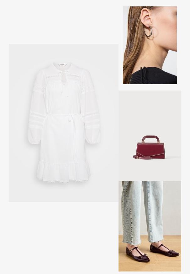 Hvid kjole med lange puffærmer, snøre ved halsen og volangkant. Har blondeaccenter og en tætsiddende talje for justerbar styling.; Blanke bordeauxrøde balletflade sko med T-rem, der har en sløjfedetalje ved tåen. Kombination med cropped lyseblå denimjeans.; Lille blank bordeaux håndtaske med topgreb og aftagelig skulderrem, vist mod en ensfarvet lys baggrund.; Sølv hoop ørestik med en poleret overflade, prydet med små guld accenter og en rund form, båret på øreflippen.