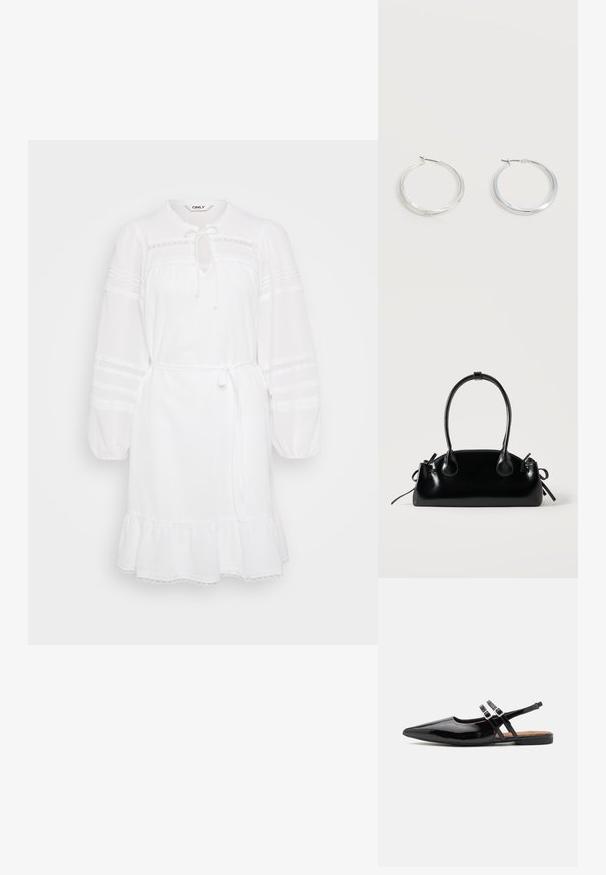 Witte jurk met lange, pofmouwen, trekkoord hals en gerimpelde zoom. Heeft kanten accenten en een getailleerde taille voor verstelbare styling.; Zwarte gepatineerde leren slingback schoenen hebben een spitse neus, twee banden met gespsieraden en een platte zool.; Kleine zwarte glanzende handtas met twee lange hengsels en zijkant trekkoord details op een effen lichte achtergrond.; Zilverkleurige metalen creolen oorbellen met een glad, licht gebogen oppervlak en sluitingen met haaksluiting op een effen witte achtergrond.