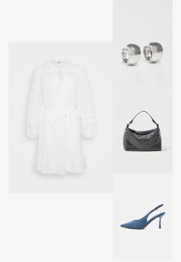 Hvid kjole med lange puffærmer, snøre ved halsen og volangkant. Har blondeaccenter og en tætsiddende talje for justerbar styling.; Blå denim spids tå slingback sko med høj hæl, sølv øjendesign og justerbar spænde.; Sort og sølv håndtaske med en vævet, struktureret overflade med firkantede mønstre, en enkel top håndtag og et slasket design.; Uncommon Matters SCULPTURAL LARGE CREOLE - Øreringe - silver-coloured