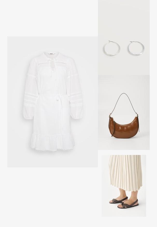 Hvid kjole med lange puffærmer, snøre ved halsen og volangkant. Har blondeaccenter og en tætsiddende talje for justerbar styling.; Fødder iført mørkebrune slingback-sandaler med krydsremme, kombineret med et langt kremfarvet plisseret skørt.; Brun faux lædertaske med buet design, lynlåslukning og en enkelt brun strop. Glat tekstur med en blank finish og minimal hardware.; Sølvfarvede metaloorringe med glat, let buet overflade og låsemekanisme på en ensfarvet hvid baggrund.