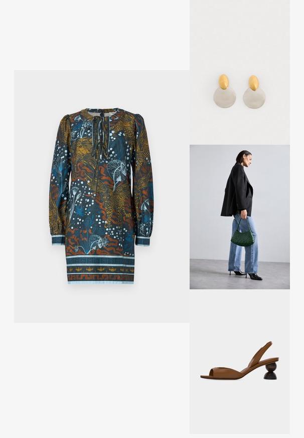 Multikleurige jurk met een ronde halslijn, lange pofmouwen en een bloemen- en dierenpatroon in blauw, oranje en wit op een donkere achtergrond.; Bruine open teen slingback sandaal met een opvallende ronde, tweedelige houten hak op een effen lichte achtergrond.; DRAGON DIFFUSION ROSANNA - Handtas - forest; Gouden en zilveren metalen oorbellen met een ronde schijfbasis en een ovale bovenstuk, gladde textuur en gepolijste afwerking.