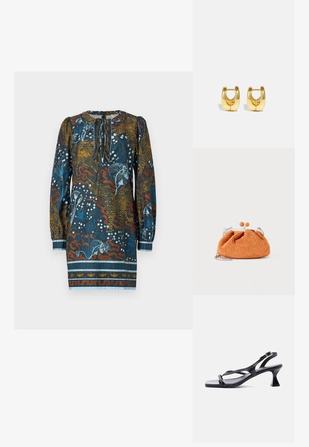 Mønstret kjole i flere farver med rund udskæring, lange pufærmer og en floral og dyreprint i blå, orange og hvid på en mørk baggrund.; Sort lædersandal til kvinder med tynde stropper, firkantet tå, justerbar ankelrem og udvidet mellemhøj hæl.; Lille orange flettet clutch-pung med sølvmetalramme, rund lukning og en sølvkæde-rem på en hvid baggrund.; Guld hoops øreringe med et slankt, afrundet design. Har en hul midte og en blank overflade, der komplementerer moderne stilarter.