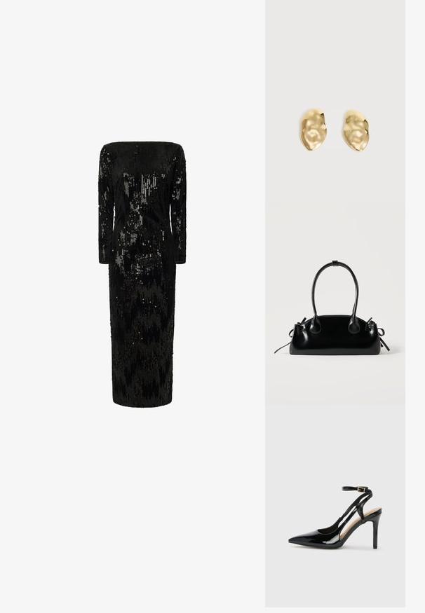 Zwarte jurk met pailletten, lange mouwen, off-the-shoulder halslijn en rechte silhouet; heeft een gestructureerd, glinsterend oppervlak.; Zwarte lakleren hoge hak slingback schoenen met spitse neus, verstelbare enkelband en open zijkanten. Gladde textuur.; Kleine zwarte glanzende handtas met twee lange hengsels en zijkant trekkoord details op een effen lichte achtergrond.; Een paar glanzende, onregelmatig gevormde gouden metalen oorbellen met een gekreukeld, glad oppervlak op een effen lichte achtergrond.