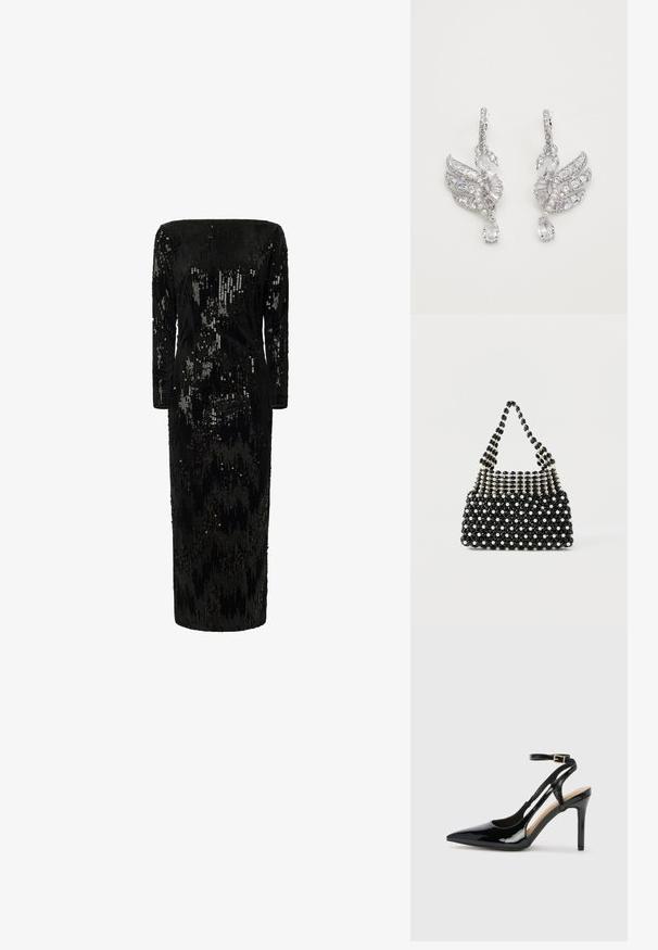 Schwarz mit Pailletten verzierter Kleid mit langen Ärmeln, schulterfreier Ausschnitt und gerader Silhouette; verfügt über eine strukturierte, schimmernde Oberfläche.; Schwarze Patentleder-High-Heel-Slingback-Pumps mit spitzem Zeh, verstellbarem Knöchelriemen und offenen Seiten. Glatte Textur.; Schwarze und weiße Handtasche mit Perlenbesatz und kurzem Griff, die abwechselnd perlenähnliche und schwarze facettierte Perlen in einem karierten Muster zeigt.; Silberne Ohrringe in Form von Schwänen, mit klaren Kristallen, Perlenakzenten und einem Tropfendesign mit einem tränenförmigen Edelstein.