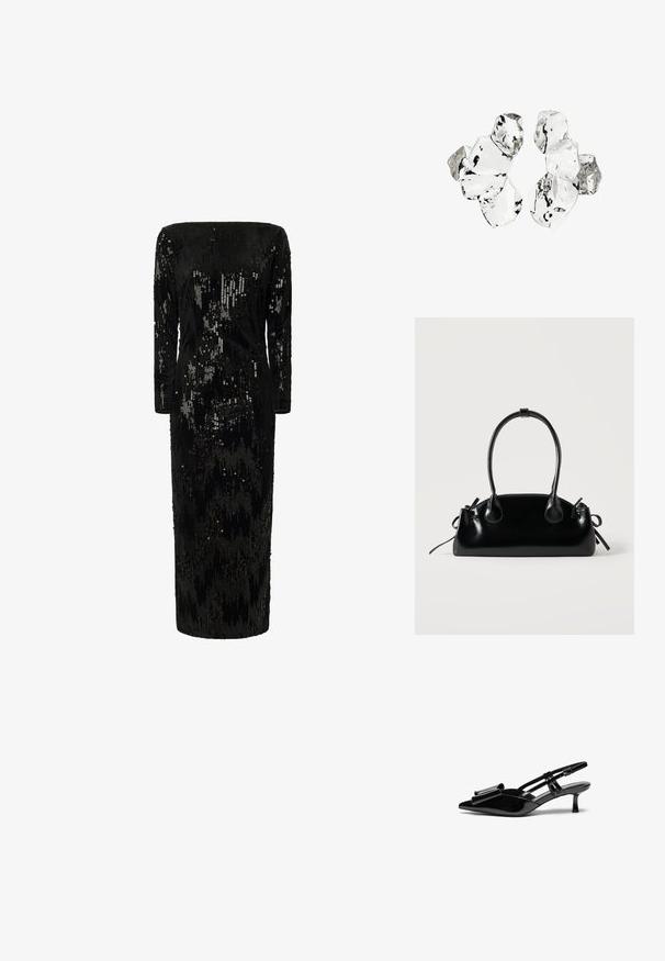 Vestido negro adornado con lentejuelas, con mangas largas, escote en los hombros y silueta recta; presenta una superficie texturizada y brillante.; Zapatos de tacón slingback de charol negro con punta afilada, detalle de lazo en el frente y un pequeño tacón de aguja. Las correas tienen hebillas ajustables.; Pequeño bolso negro brillante con dos asas largas y detalles de cordón lateral sobre un fondo claro liso.; Conjunto de seis piezas de forma irregular, translúcidas y reflectantes, similares al vidrio, dispuestas sobre un fondo blanco.
