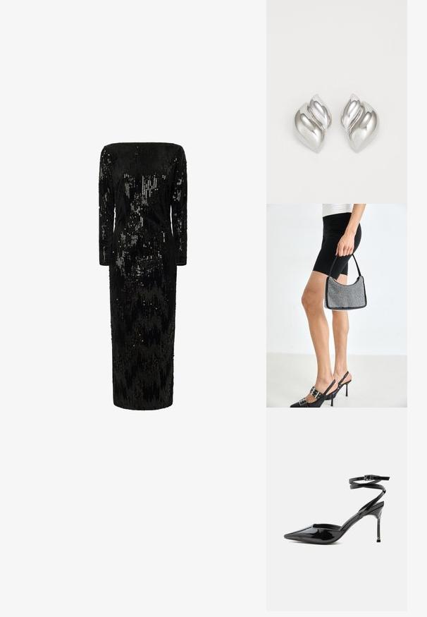 Schwarz mit Pailletten verzierter Kleid mit langen Ärmeln, schulterfreier Ausschnitt und gerader Silhouette; verfügt über eine strukturierte, schimmernde Oberfläche.; Schwarzer Lackleder-Pumps mit spitzer Spitze, dünnen Knöchelriemen und kleiner Schnalle.; Schwarze Perlen-Handtasche mit geschwungener Silhouette, Tragegriff und glänzender Textur. Kombiniert mit schwarzen High Heels und enganliegenden schwarzen Shorts.; Silberne Ohrringe mit einer organischen, abstrakten Form. Glatte, glänzende Oberfläche mit einem konischen Design. Mit dezenten Kurven und einem zentralen Linienelement.