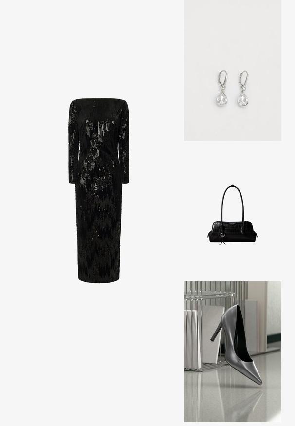 Zwarte jurk met pailletten, lange mouwen, off-the-shoulder halslijn en rechte silhouet; heeft een gestructureerd, glinsterend oppervlak.; Zwarte hoge hak schoen zweeft in de lucht voor een metalen map organizer met mappen op een gepolijst oppervlak.; Zwarte schoudertas van leer met krokodillenstructuur, lange banden en een klein zilveren logohanger aan één band.; Zilveren lever-back oorbellen met peervormige heldere kristallen met een gefacetteerd oppervlak, hangend aan een klein rond accentdetail.