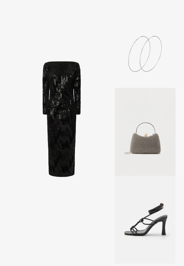 Schwarz mit Pailletten verzierter Kleid mit langen Ärmeln, schulterfreier Ausschnitt und gerader Silhouette; verfügt über eine strukturierte, schimmernde Oberfläche.; DeeZee High Heel Sandalette - black; Kleine Handtasche mit silbernem Gittermuster, gebogenem Griff, großem Perlenverschluss und einem dünnen silbernen Kettenriemen auf schlichtem Hintergrund.; Silberne Creolen mit minimalistischem Design. Rundform, glatte Oberfläche und dünnes Profil. Leichtgewichtig mit hochglänzender Oberfläche.